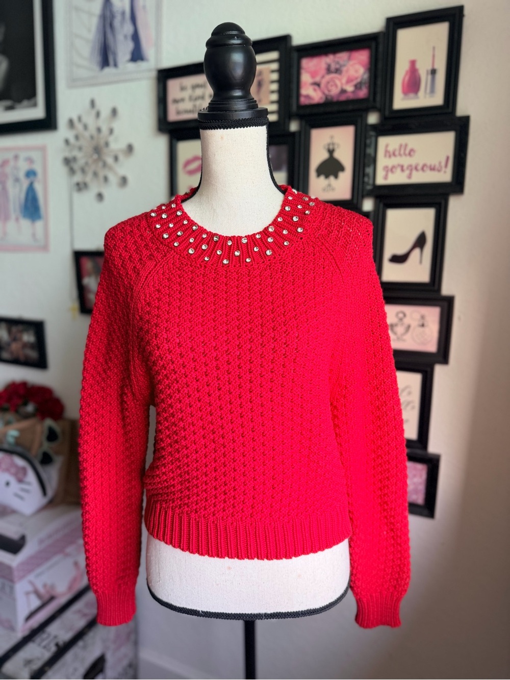 DKNY Bright Red Crewneck Sweater with Pearl and Stud Accents